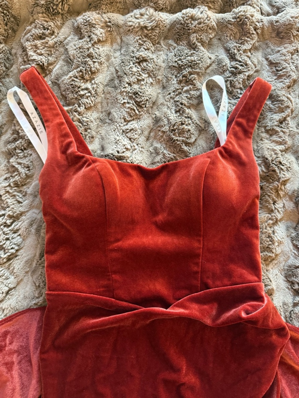 Azazie Velvet Terracotta Bridesmaid Dress - Picture 3 of 8